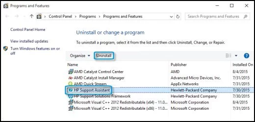 uninstall hp support assistant